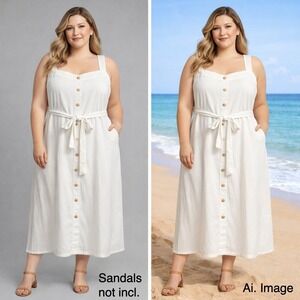 Ava & Viv White Maxi Midi Dress 2X Faux Button Front Tie Waist Boho
